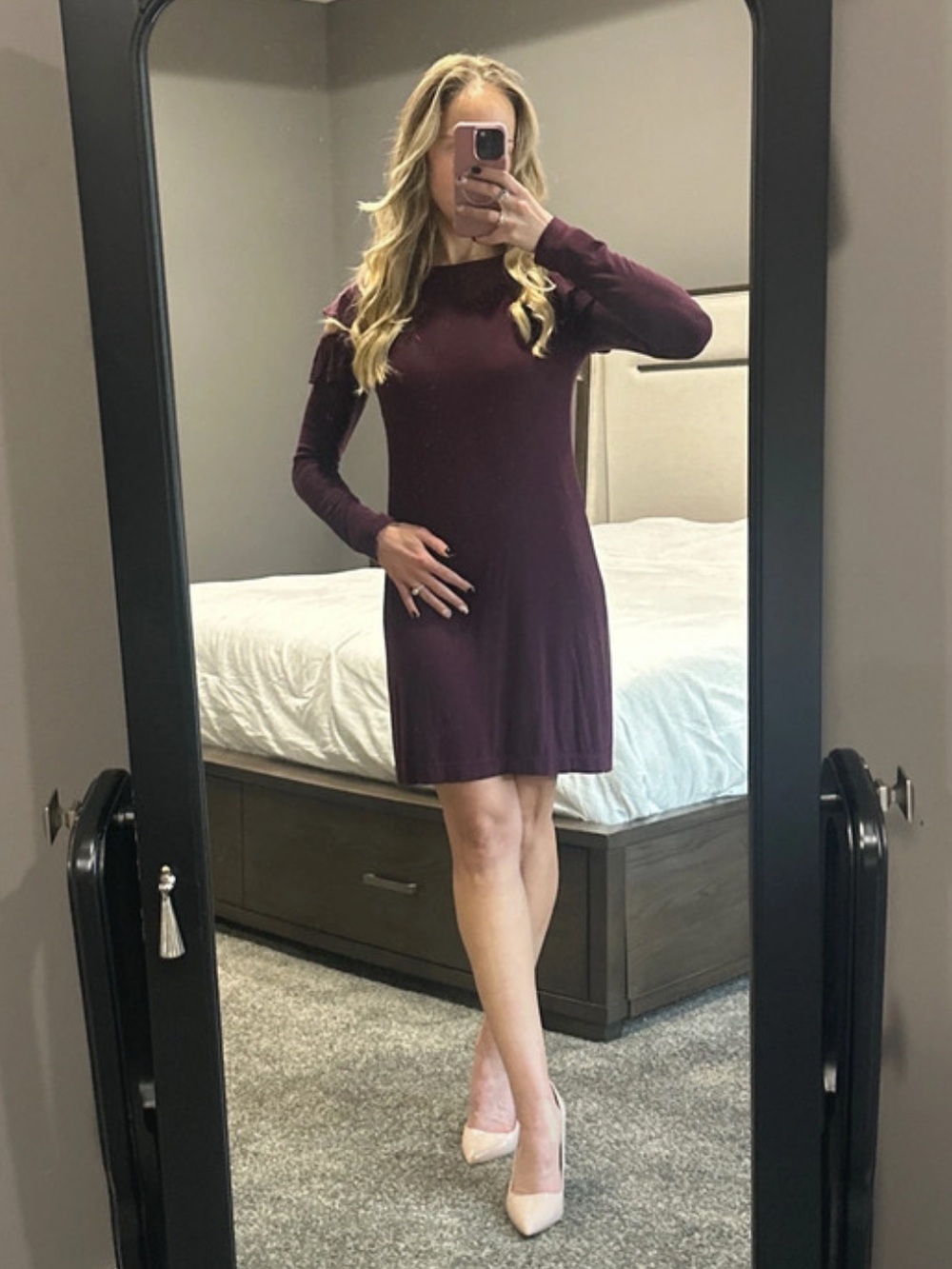 White House Black Market Long-Sleeve Mini Dress in Deep Plum